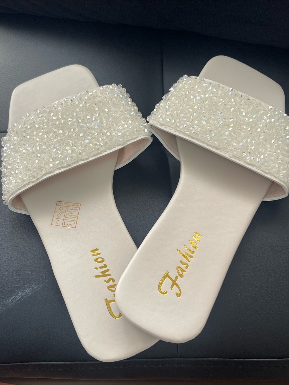 Crystal-Embellished White Slide Sandals